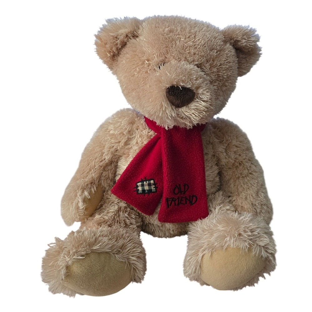 Old Friend Teddy Bear Plush Shaggy Tan 14 Inch Red Scarf Plaid Patch Holiday